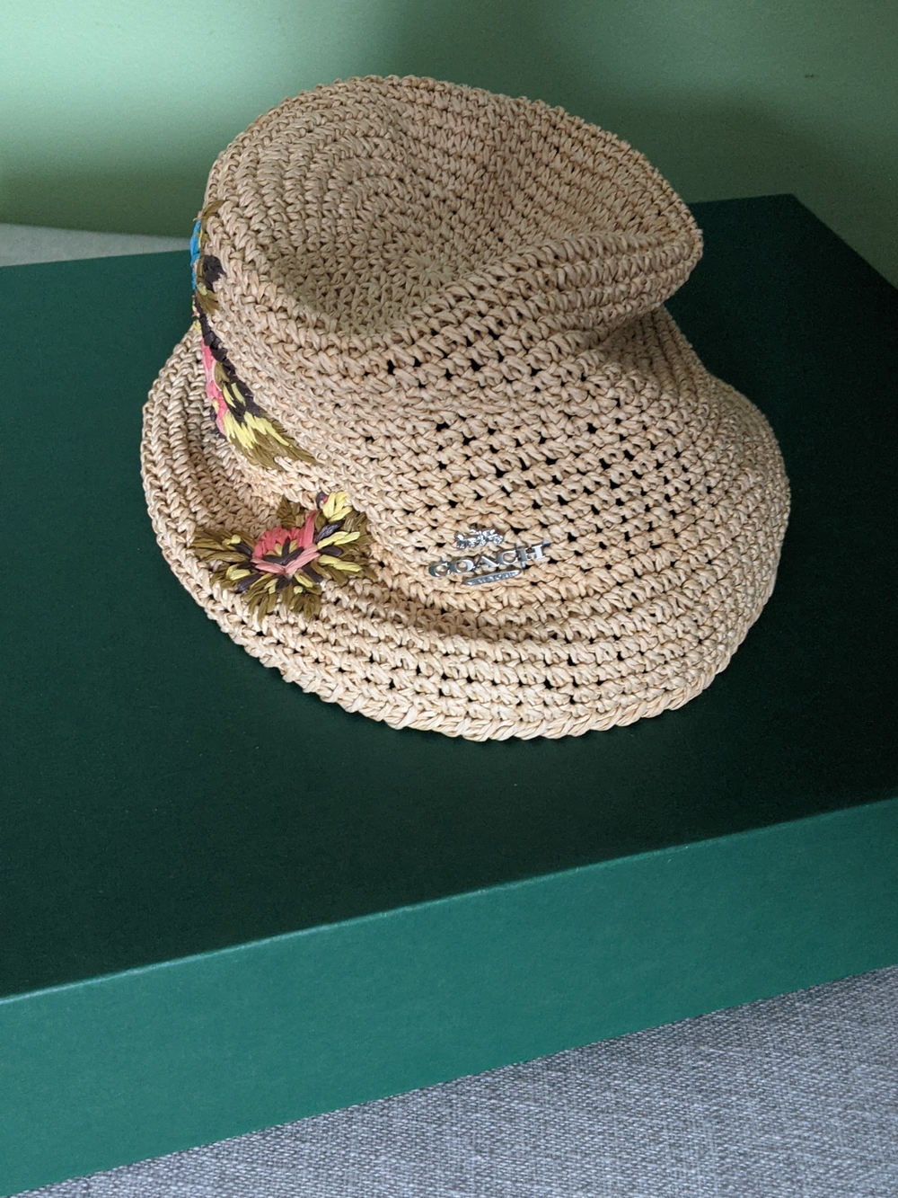Coach Beige Woven Straw Bucket Hat with Floral Trim
